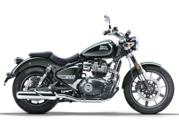 A Royal Enfield motorcycle in dark green and black color scheme with chrome finishes, positioned at a side angle on a white background.