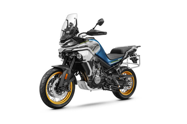 CF Moto 800MT touring twilight blue left 45 degree facing with luggage rack