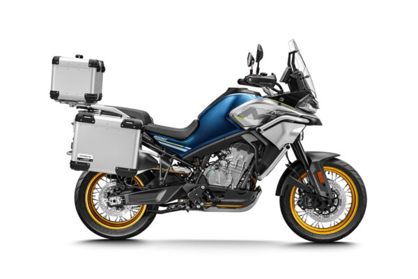 CF Moto 800MT touring twilight blue right facing with luggage box