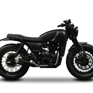 A black scrambler motorcycle isolated on a white background.