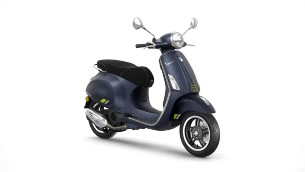 A blue Vespa scooter is displayed in profile on a white background.