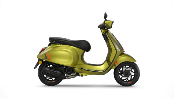 A modern olive green scooter positioned in profile view against a white background.