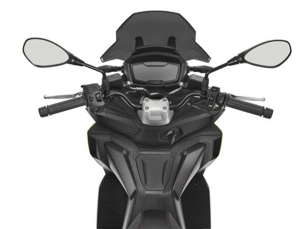 Rider's perspective view of a modern motorcycle dashboard and handlebars with mirrors, grips, and various controls.