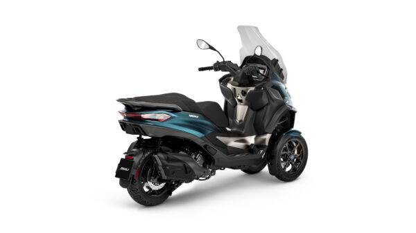 A modern three-wheeled motor scooter in black and turquoise with a tall windscreen and sleek bodywork, positioned at a three-quarter angle on a white background.