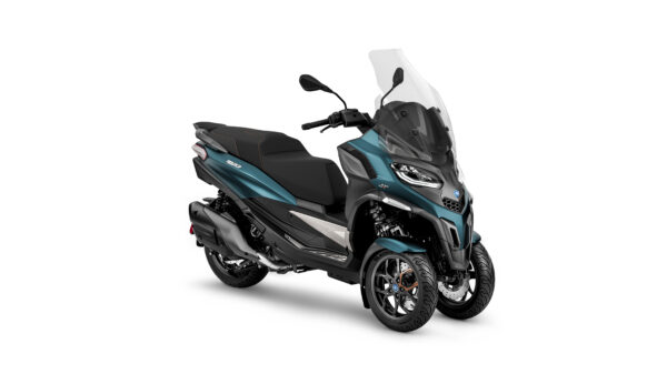 A modern three-wheeled scooter with a blue and black color scheme parked on a white background.