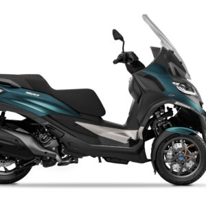 PIAGGIO MP3 530 EXCLUSIVE Euro 5+ A modern maxi-scooter in teal and black colors with aerodynamic design, featuring a tall windscreen, dual seats, and alloy wheels, isolated on a white background.