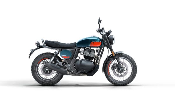 Royal Enfield Bear 650 - A Royal Enfield motorcycle in teal and orange, with the model "BIGAR 550" prominently displayed, staged against a white background.