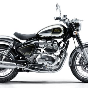 Royal Enfield Classic 650 is a Royal Enfield Classic motorcycle with a black color scheme, chrome finishes, and the brand logo on the fuel tank, displayed against a white background.