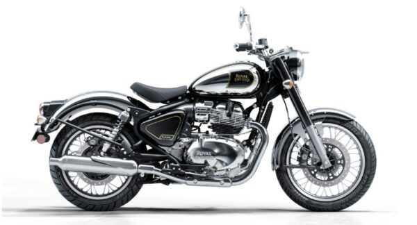 Royal Enfield Classic 650 is a Royal Enfield Classic motorcycle with a black color scheme, chrome finishes, and the brand logo on the fuel tank, displayed against a white background.