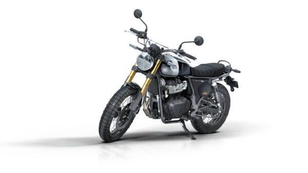 A modern motorcycle with a grey and black color scheme, featuring a round headlamp, dual-sport tires, and golden front shock absorbers, displayed on a white background.