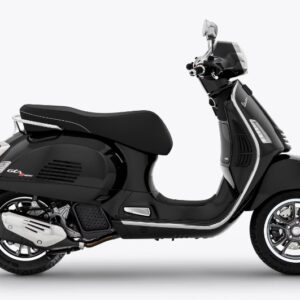 A black modern Vespa scooter with chrome details and a black seat, shot on a white background.