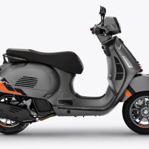 A modern gray scooter with orange accents on a white background.