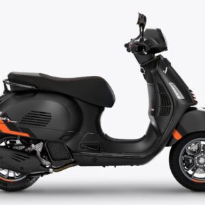 A black modern Vespa scooter with orange accents on a white background.