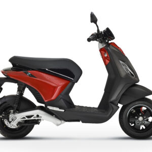 A modern red and black electric scooter against a white background.