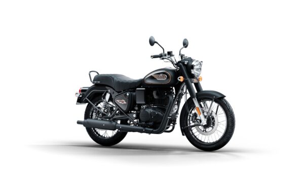 A classic motorcycle with black and brown color scheme, chrome details, and a retro design against a white background.