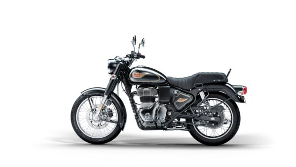 A black Royal Enfield motorcycle with chrome accents and a vintage design, isolated on a white background.