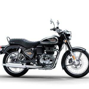 Black Royal Enfield motorcycle on a white background.