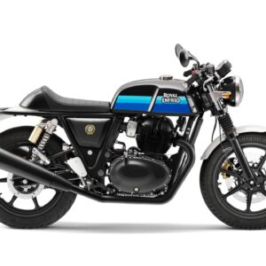 Royal Enfield Continental GT 650 E5 A Royal Enfield motorcycle with a black and blue color scheme, displayed in profile view against a white background.