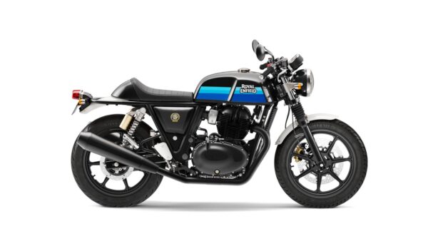 Royal Enfield Continental GT 650 E5 A Royal Enfield motorcycle with a black and blue color scheme, displayed in profile view against a white background.