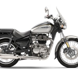 A Royal Enfield Meteor motorcycle in dark gray, viewed from the side, against a white background.