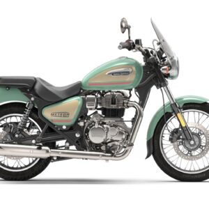 A green Royal Enfield Meteor 350 motorcycle positioned at a three-quarter angle against a white background.