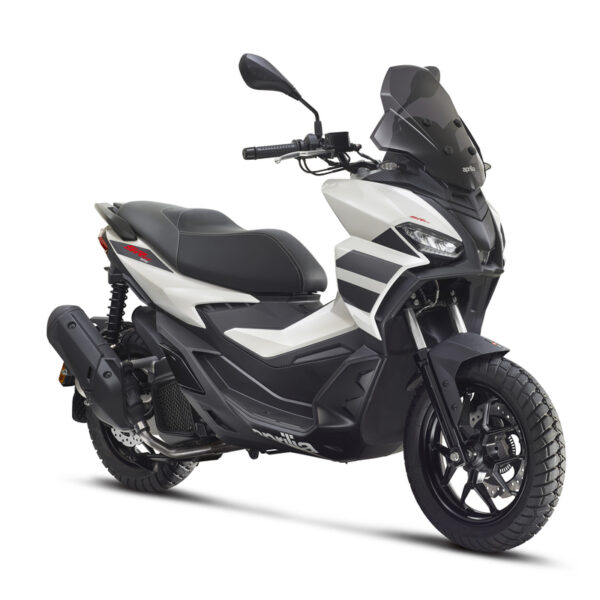 A modern white and black scooter with a sleek design, featuring a windshield, sporty front profile, and textured seat, positioned at a slight angle to showcase its features.