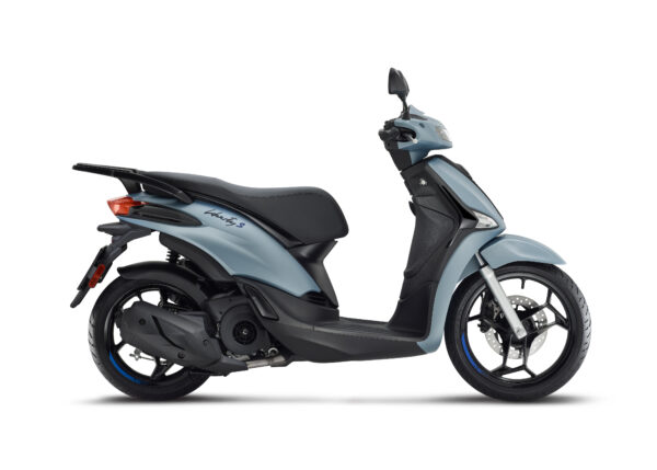 Piaggio Liberty S 125 Euro 5+ A sleek light blue scooter with a modern design, featuring a comfortable seat, stylish wheels, and a sporty frame.