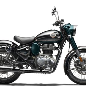 Royal Enfield Classic 350 E5 A sleek, black Royal Enfield motorcycle with a classic design, featuring a chrome engine, round headlight, and retro-style seat, positioned on a white background.