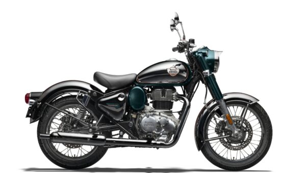 Royal Enfield Classic 350 E5 A sleek, black Royal Enfield motorcycle with a classic design, featuring a chrome engine, round headlight, and retro-style seat, positioned on a white background.