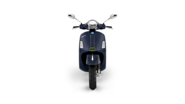 A stylish navy blue scooter with a sleek design, front view, featuring chrome mirrors and modern headlights.