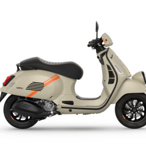 Vespa GTV 310 Euro 5+ A beige scooter with orange stripes, featuring a black seat and sleek design, viewed from the side against a white background.