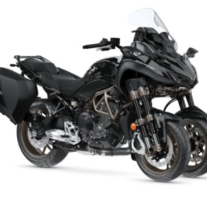 Yamaha 2023 Niken GT A sleek black motorcycle with three wheels, featuring a large windshield, a low-profile seat, and sturdy panniers on the sides. The design emphasizes modern aesthetics and practicality for touring.