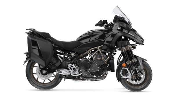 A sleek black motorcycle with a sporty design, featuring a comfortable seat, large front windshield, and side panniers for storage.