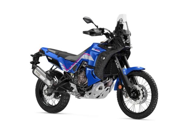 Yamaha 2023 Ténéré 700 World Rally A blue and black adventure motorcycle featuring a prominent beak, large front wheel, off-road tires, and distinctive graphics on the body. The bike has a high stance with a rugged design, suitable for both on-road and off-road riding.