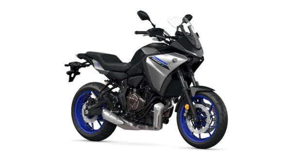 A sleek, modern motorcycle with a silver body, blue rims, and a sporty design, positioned at an angle to showcase its features.