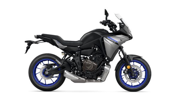 A sleek black and gray motorcycle with blue wheels and a silver accent, positioned sideways against a white background.