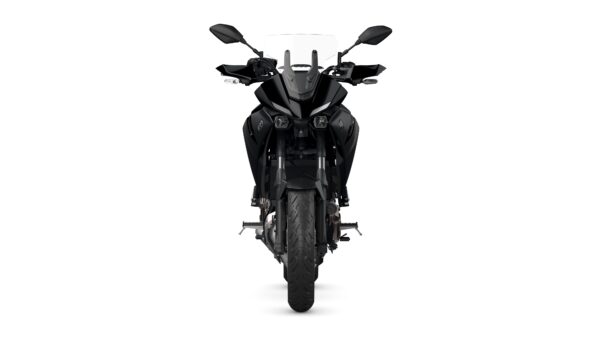A front view of a sleek black motorcycle, displaying its dual headlights, aerodynamic design, and wide tires against a white background.