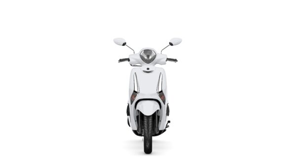 A front view of a sleek, modern white scooter with a streamlined design, featuring a circular headlight and rearview mirrors.