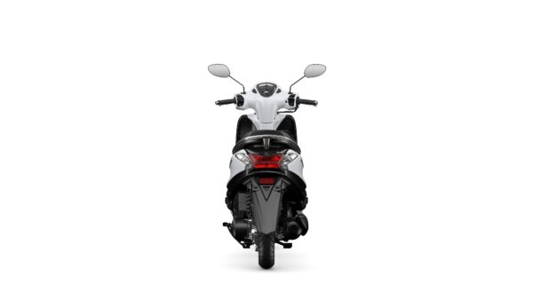 A rear view of a white scooter with a sleek design, featuring mirrors, a modern dashboard, and a visible tail light.