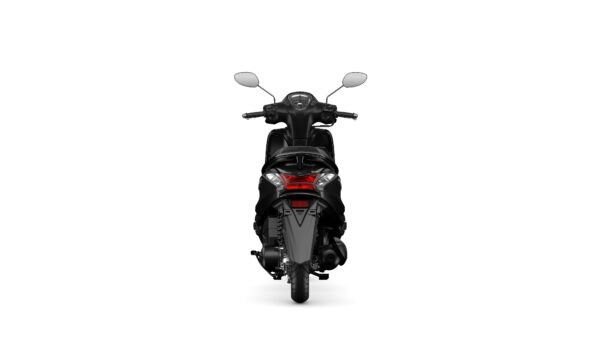 A black scooter viewed from the rear, showcasing its sleek design, handlebar, mirrors, and rear light against a white background.