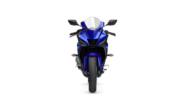 A front view of a blue and black sport motorcycle with sharp lines, a prominent windshield, and dual headlights.