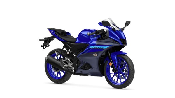 A blue sports motorcycle with a sleek design, featuring a fairing, dual-tone body, and prominent branding, positioned on a white background.