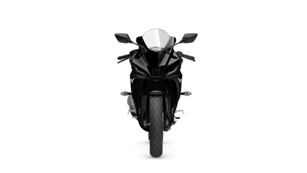 A sleek black sports motorcycle facing forward, featuring a windscreen, headlight, and aerodynamic design.