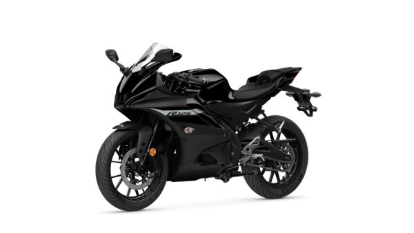 A black sport motorcycle, angled to showcase its sleek design, featuring a windscreen, dual headlights, and aerodynamic bodywork with a prominent "R125" logo.
