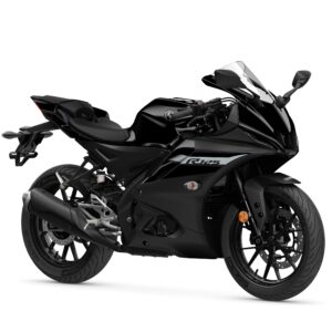 Yamaha 2024 R125 A sleek black sports motorcycle with a modern design, featuring aerodynamic fairings, a low-slung seat, and detailed graphics on the body. The bike is positioned at an angle, showcasing its front and side profiles, with a focus on the front wheel and exhaust pipe.