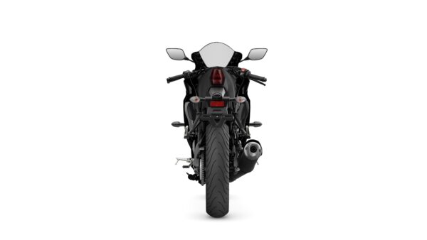 A rear view of a black motorcycle with a sleek design, featuring dual mirrors, a tail light, and a distinct rear tire tread pattern.