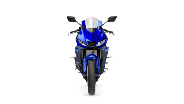 Front view of a blue sport motorcycle with dual headlights and a sleek design, featuring a prominent tire and a minimalist background.