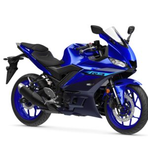 Yamaha 2024 R3 A blue Yamaha YZF-R125 motorcycle, featuring a sleek design, sporty seat, and advanced fairing, positioned on a white background.