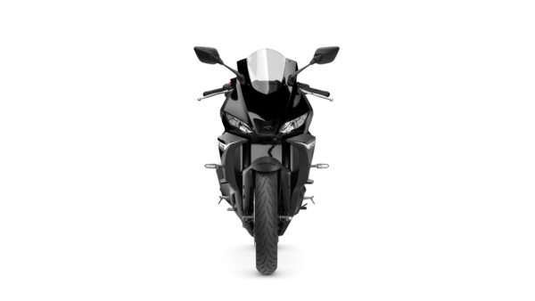 Front view of a sleek, black sport motorcycle with sharp design features, illuminated headlights, and a prominent front tire.