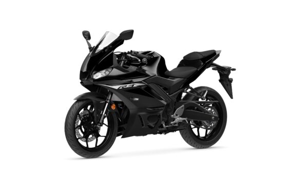 A sleek black sport motorcycle with a streamlined design, featuring an aggressive front fairing, a single seat, and low-profile tires, positioned on a white background.